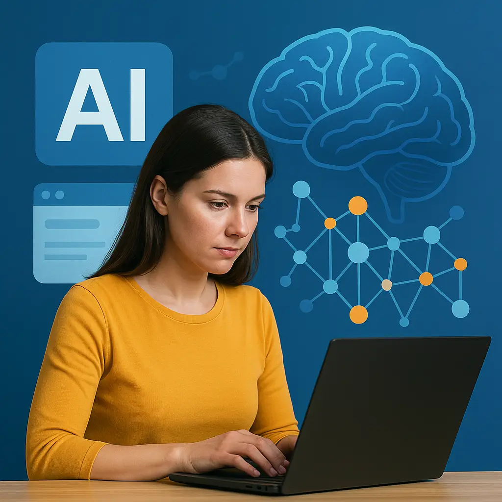 Mujer usando laptop con inteligencia artificial de fondo